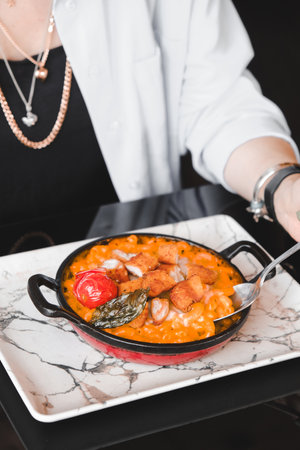 Tasty appetizing classic pasta with a delicious sauce.の写真素材