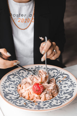 Tasty appetizing classic Italian pasta with a delicious sauce.の写真素材