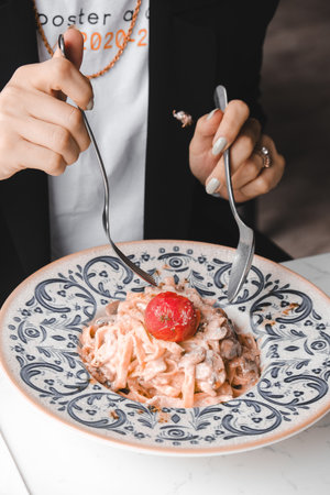 Tasty appetizing classic Italian pasta with a delicious sauce.の写真素材