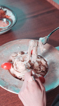 Tasty appetizing classic Italian pasta with a delicious sauce.の写真素材