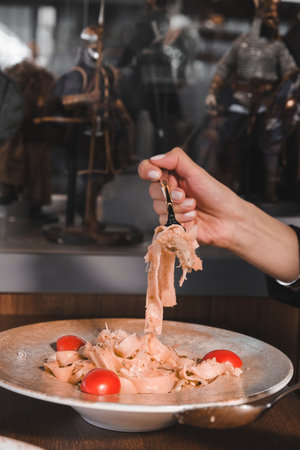 Tasty appetizing classic Italian pasta with a delicious sauce.の写真素材