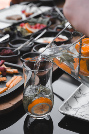 Fresh fruits and healthy foods for a morning mealの写真素材