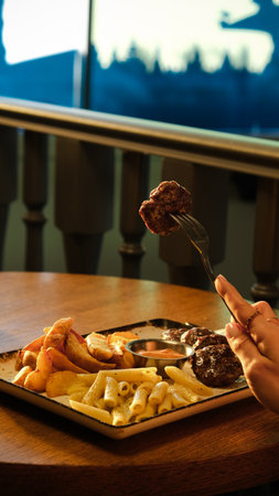 Delicious meatballs with french friesの写真素材