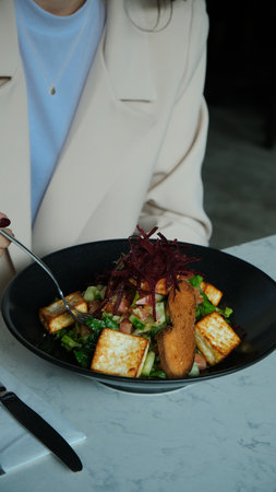 Fresh salad plate with mixed greensの写真素材