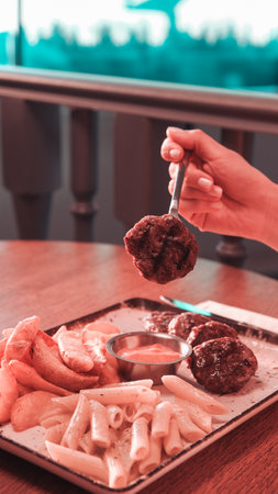 Delicious meatballs with french friesの写真素材