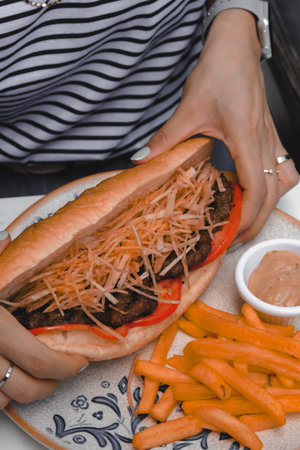 Delicious meat sandwich on the tableの写真素材