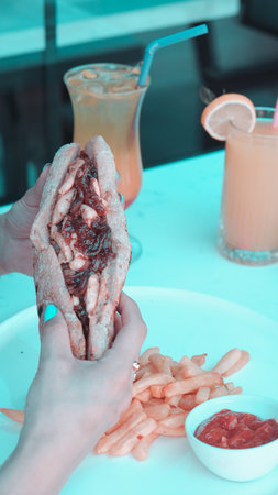 Delicious meat sandwich on the tableの写真素材