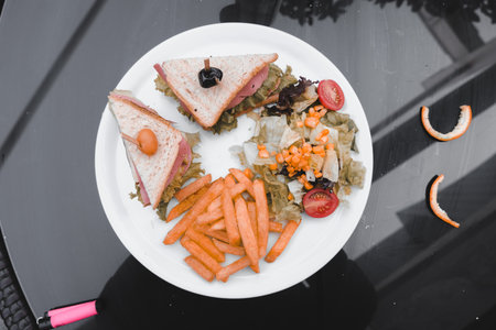 Delicious meat sandwich on the tableの写真素材