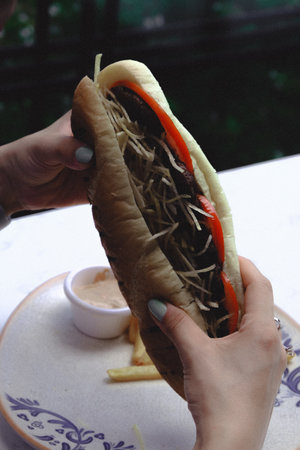 Delicious meat sandwich on the tableの写真素材