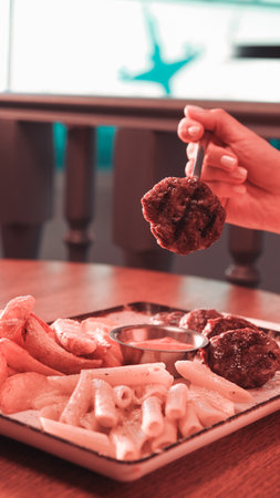 Delicious meatballs with french friesの写真素材