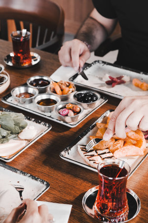 Traditional Turkish breakfast with fresh ingredientsの写真素材