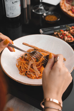 Tasty appetizing classic Italian pasta with a delicious sauce.の写真素材