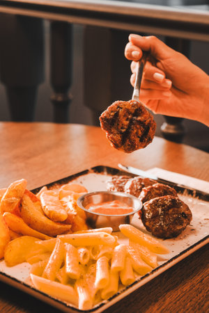 Delicious meatballs with french friesの写真素材