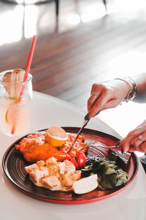 Delicious schnitzel served with french friesの写真素材