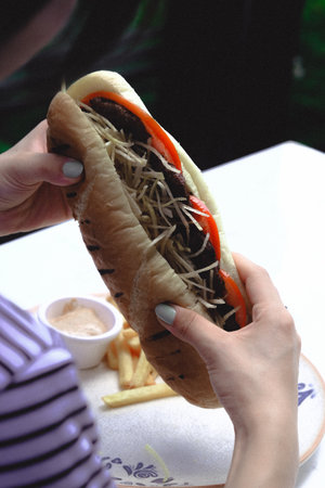 Delicious meat sandwich on the tableの写真素材