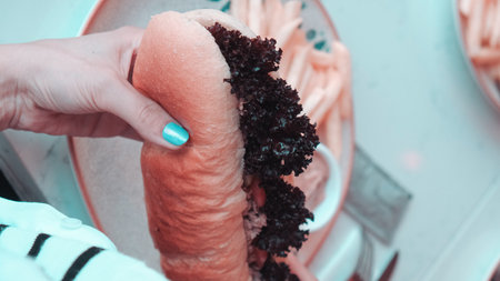 Delicious meat sandwich on the tableの写真素材