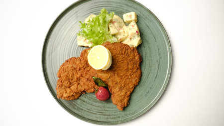 Delicious schnitzel served with french friesの写真素材