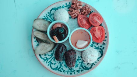 Top view of variety of pickled vegetables and fruits in a bowl