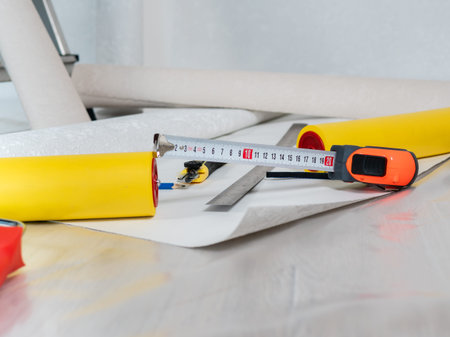 Concept of wallpapering in the house. Close-up tools for wallpapering lie on the floor.