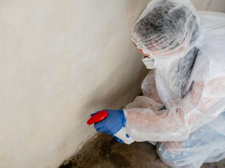 A woman in a protective suit sprays the walls of an apartment with a chemical agent to remove mold.の写真素材