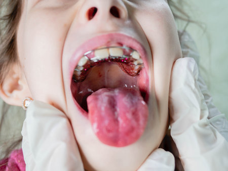 A child at the doctor. The doctor examines the throat of a child.の写真素材