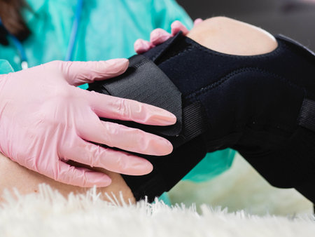 Close-up of a family doctor putting a black brace on a patients kneeの写真素材