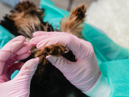 Vetirinar examines the paw of a small Yoksher terrier puppy
