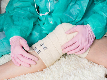 A doctor wearing medical gloves wraps an elastic bandage around the patients leg and knee. The traumatologist applies an elastic material to the patientの写真素材