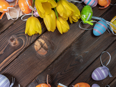 Bouquet of spring yellow tulips and colorful easter eggs on brown wooden background