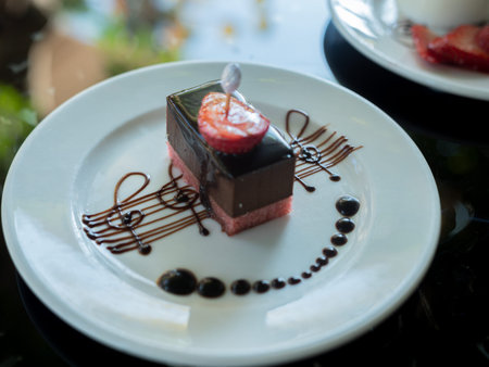 chocolate dessert on a plate in a restaurant. Close-