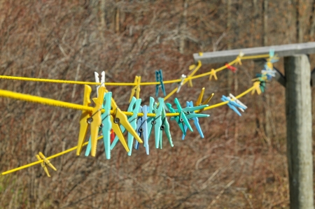 Colorful clothing pins on the cordの写真素材