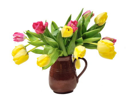 Ceramic mug with tulipsの写真素材