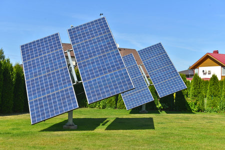 Solar panels in yardの写真素材