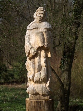 Rudy, Poland- April 10, 2011- Sculpture of cistercian made of wood in Rudyのeditorial素材