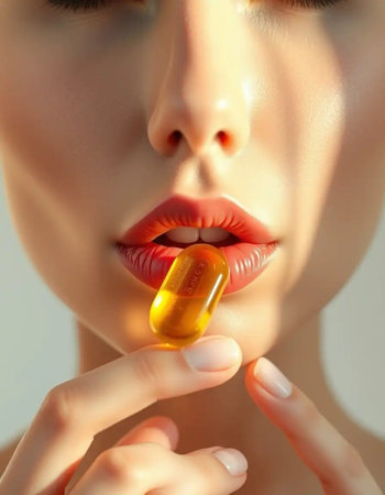 Beautiful young Asian woman with glowing skin, holding a fish oil capsule. Highlighting beauty supplement advantages for overall wellness and skincare.の素材