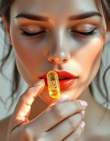 Woman's Mouth with Glossy Lips and Supplement Capsuleの素材