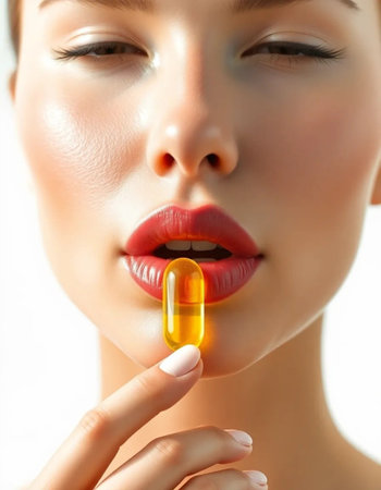 Radiant Asian Woman showcases fish oil benefits for luminous, healthy skin. Emphasizing wellness and beauty supplements for a youthful glow.の素材