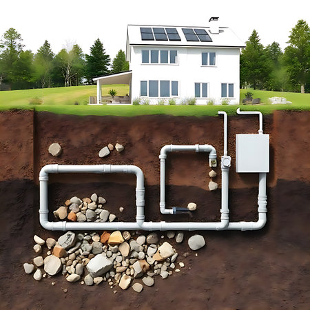 Eco-Friendly Home with Exposed Pipes, Solar Roof, Lush Lawn, Sustainable Building.の素材