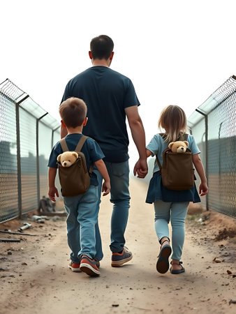 Somber Parents and Child with Torn Teddy at Border Fence, Conflict Migration.の素材