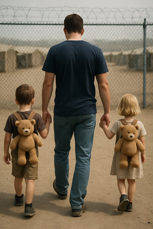 Refugee Family Holding Hands at Barbed Border, Worn Bear, Human Struggle Scene.の素材