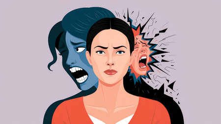 Pensive Elderly Woman Internal Struggle and Emotional Overwhelm in a Chaotic Red Storm.の素材