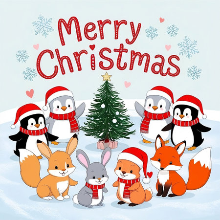 A charming, cartoon-style Christmas scene featuring adorable animals like penguins, rabbits, and foxes wearing Santa hats and scarves. They're gathered around a tiny Christmas tree in a snowy field, with soft pastel .の素材