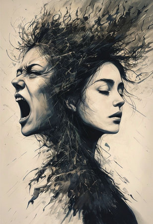 An abstract painting Emotional Drain and Crushing Pressure  state of a chaotic mind. Expressing feelings of inner restlessness and bewilderment.の素材