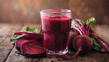 on a wooden table , there are Beetroots ,a jug and two glasses of fresh juice with Beetroot pices. Food made from natural productsの素材