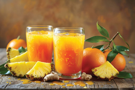 on a wooden table,there are Orange,Pineapple and Ginger,two glasses of fresh mix juice with Orange,Pineapple and Ginger pices. Food made from natural products with natural background.の素材