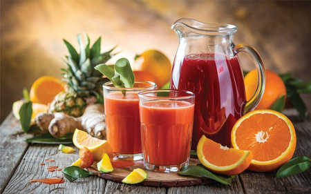 on a wooden table,there are Orange,Pineapple and Ginger,two glasses of fresh mix juice with Orange,Pineapple and Ginger pices. Food made from natural products with natural background.の素材