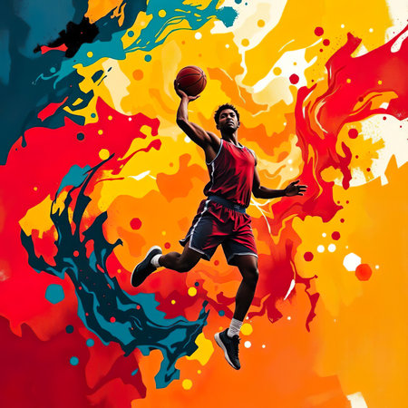 Dynamic Abstract Painting Energetic  basketball player Figure in Vibrant Colors.の素材