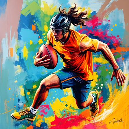 Dynamic Abstract Painting Energetic  rugby player with ball in Vibrant Colors.の素材