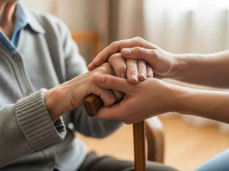 Close-up of senior man holding hands with caregiver at homeの素材