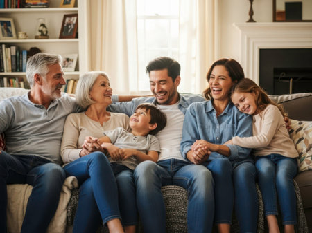 This image features a joyful family of six sitting together on a sofa in a cozy living room. The family members are smiling and appear to be enjoying a moment of togetherness. The image is on a transparent background, making it suitable for various digital applications. The setting includes a fireplace and bookshelves, contributing to a warm and inviting atmosphere.の素材